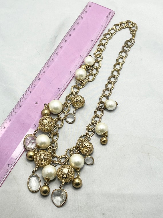 Vintage Gold Pearl Crystal Filigree Bead Charm Ne… - image 7