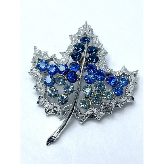 Vintage Blue Rhinestone Leaf Brooch Pin - image 2