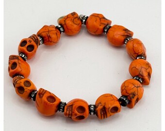 Orange Howlite Stone Skull Beaded Elastic Bracelet - Gothic Halloween Jewelry, Unisex
