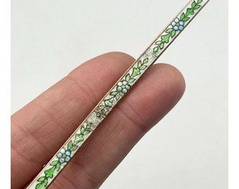 Pin antiguo de barra esmaltado con guilloché floral largo