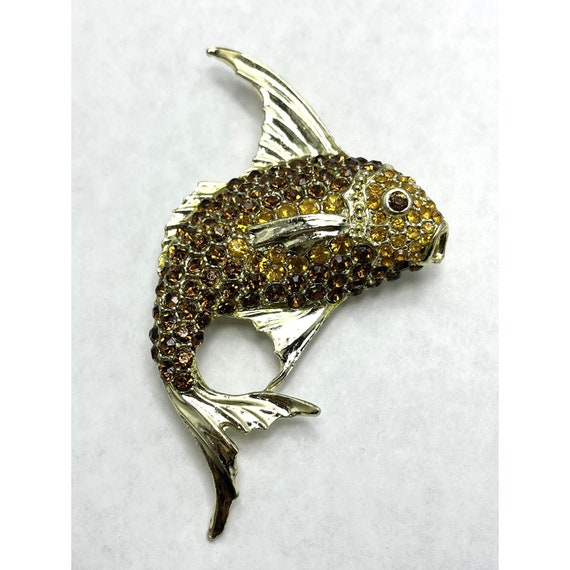 Vintage Brown Rhinestone Fish Brooch Pin - image 3