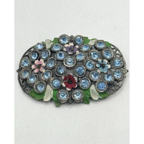 Estate art deco blue flower rhinestone brooch pin - image 5