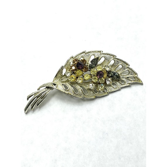 Vintage Coro Rhinestone Leaf Brooch Pin