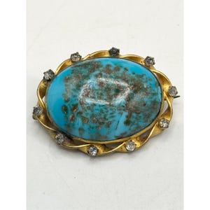Antique blue art glass rhinestone brooch pin