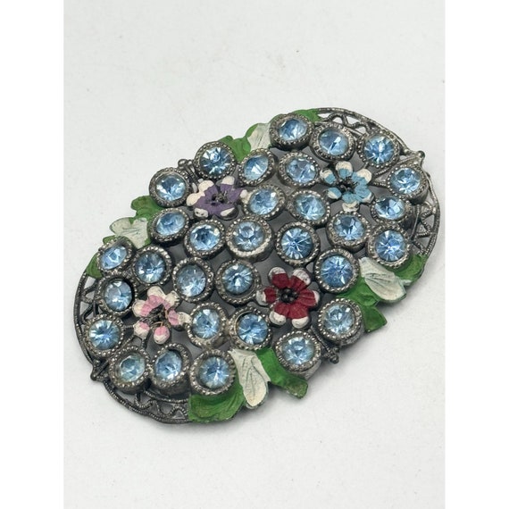 Estate art deco blue flower rhinestone brooch pin - image 2