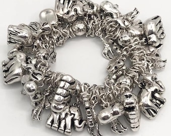 NEW Jungle Safari Elephant Lion Tiger Giraffe Silver Charm Strech Bracelet