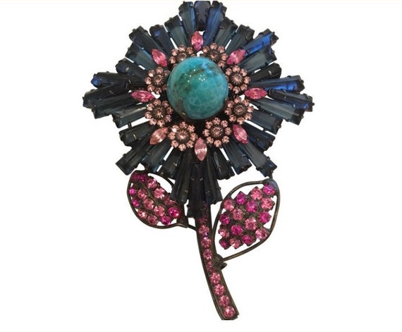 Vintage Lawrence VRBA Blue Flower Stone Brooch Pin