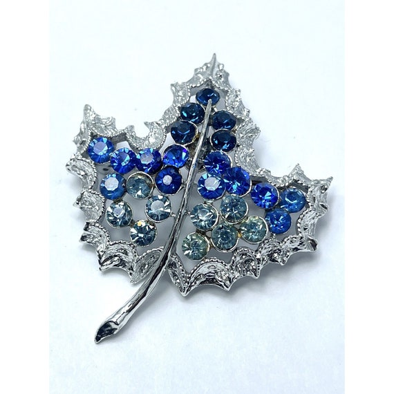 Vintage Blue Rhinestone Leaf Brooch Pin - image 1