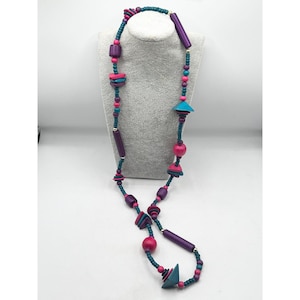 Vintage 80s Wood Wooden Long Geometric Disc Beaded Necklace