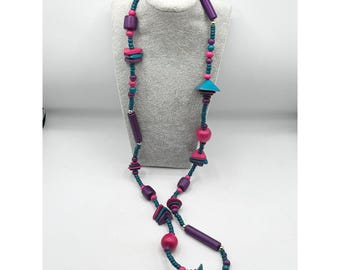 Vintage 80s Wood Wooden Long Geometric Disc Beaded Necklace