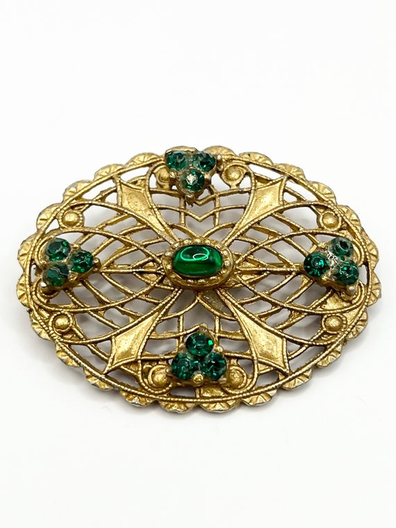 Vintage Green Rhinestone Gold Filigree Brooch Pin - image 1