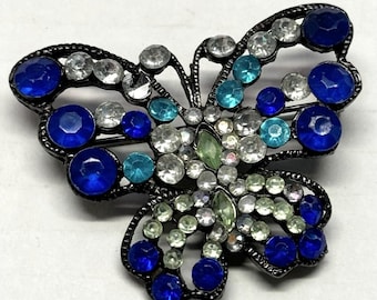 Vintage blue rhinestone butterfly brooch pin