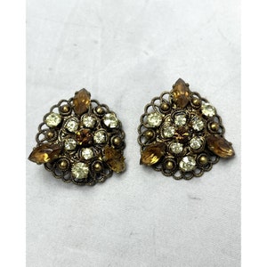 Vintage Filigree Rhinestone Glass Flower Earrings