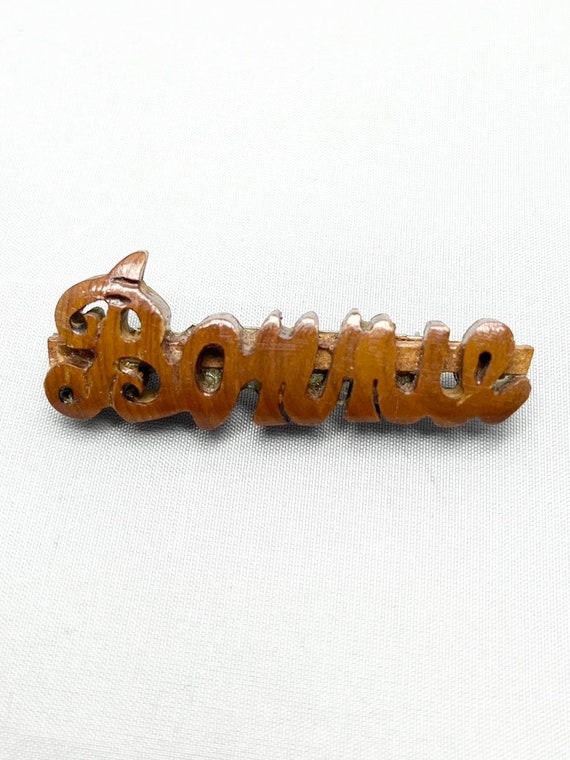 Vintage Carved Wood Bonnie Brooch Pin