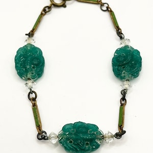 Antique Art Deco Green Molded Glass Enamel Crystal Bracelet