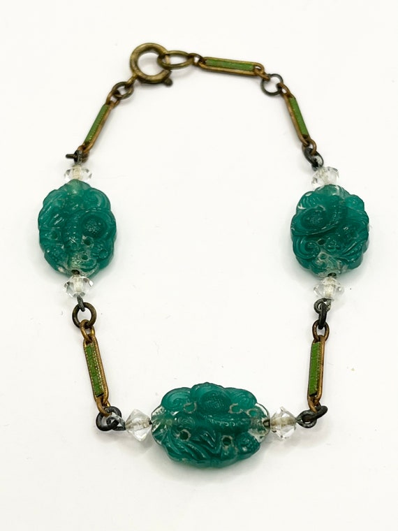Antique Art Deco Green Molded Glass Enamel Crystal