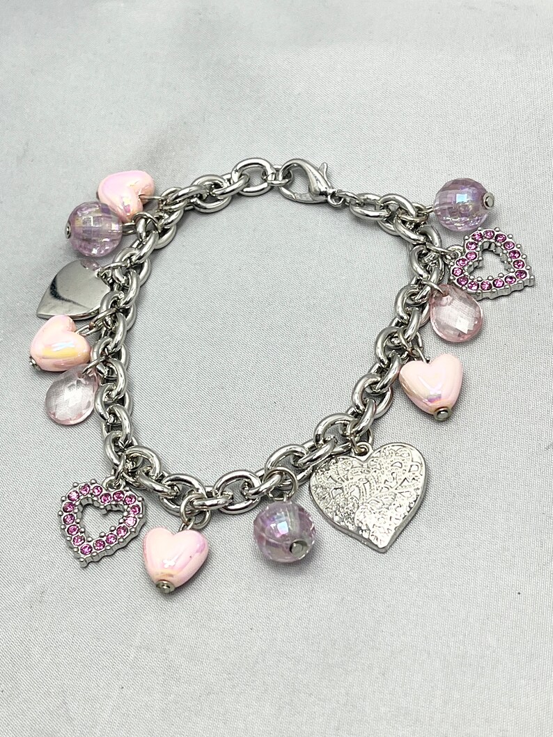 vintage Pink Strass Heart Charm Bracelet image 3