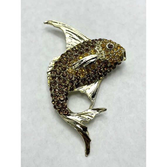 Vintage Brown Rhinestone Fish Brooch Pin - image 2