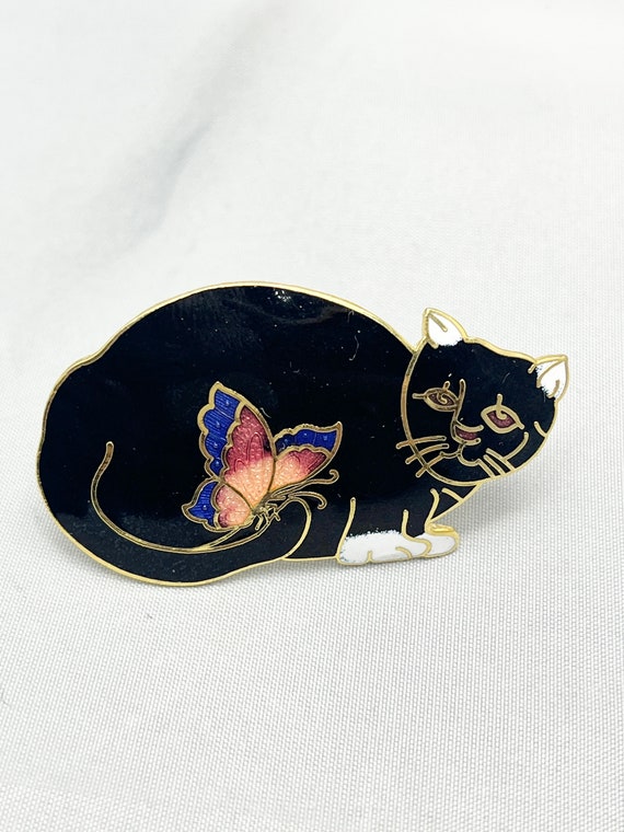 Vintage Black Enamel Cat and Butterfly Brooch Pin