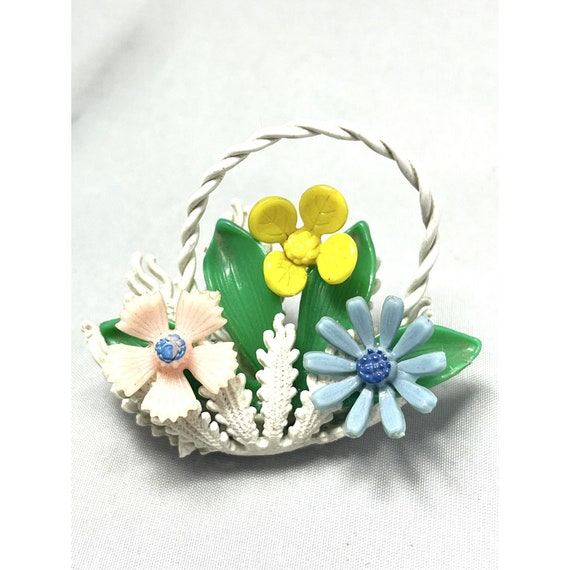 Vintage Plastic Flower Basket Brooch Pin - image 1