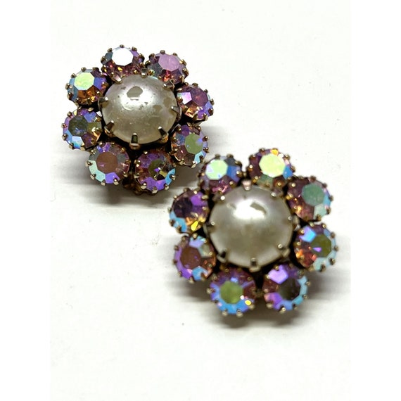 Vintage Weiss Pink Rhinestone Flower Earrings - image 1