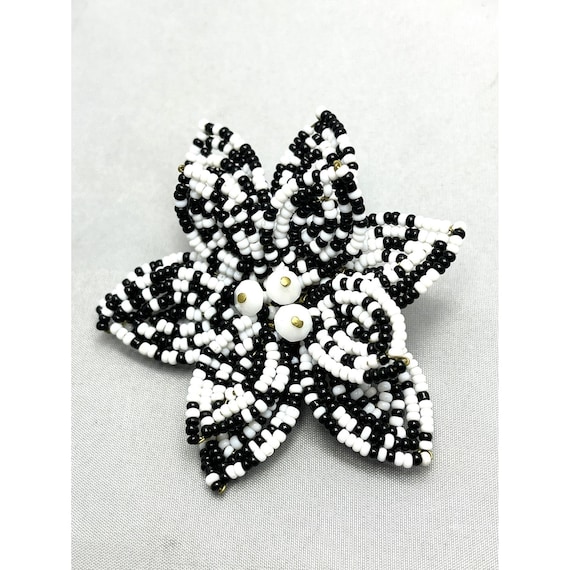Vintage Japan Beaded Black and White Flower Brooc… - image 1