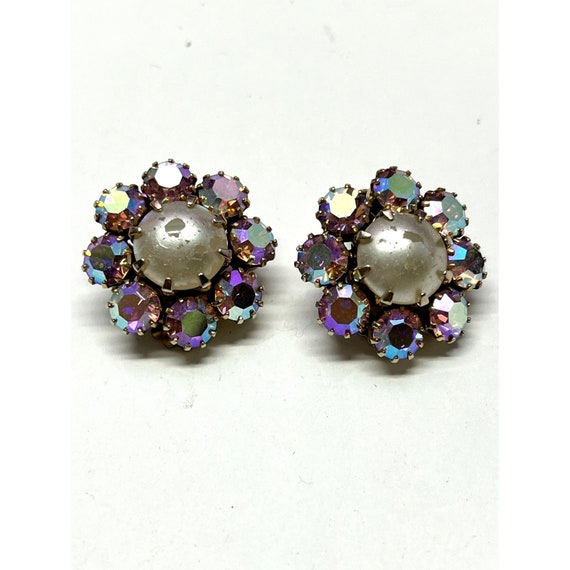 Vintage Weiss Pink Rhinestone Flower Earrings - image 3