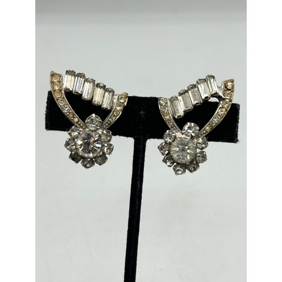 Vintage floral rhinestone silver clip on earrings - image 3