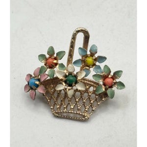 Vintage enamel stone flower basket brooch pin