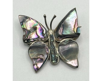 Broche papillon vintage en alpaga et coquillages d'ormeau en argent