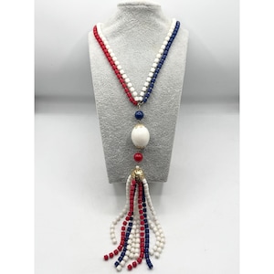 Vintage Multi Strand Red White & Blue Beaded Tassel Necklace
