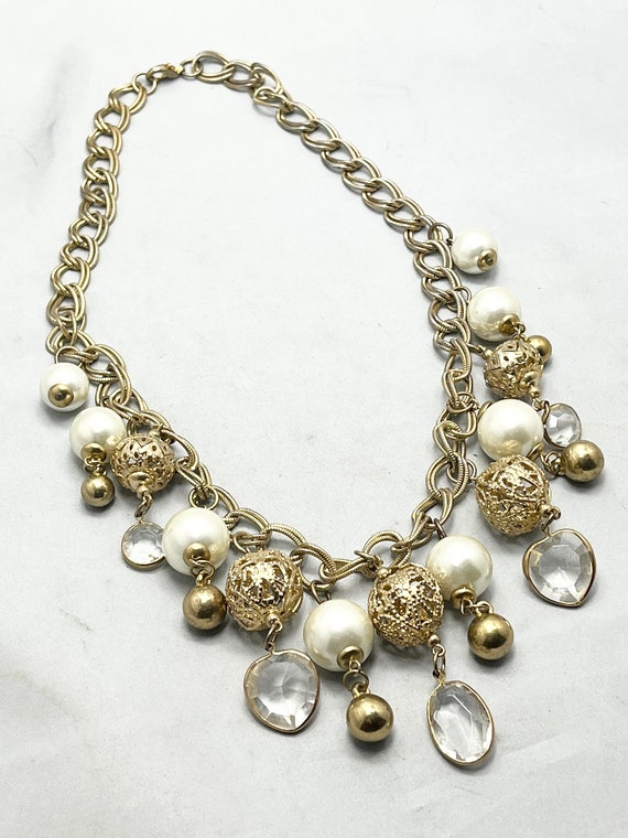 Vintage Gold Pearl Crystal Filigree Bead Charm Ne… - image 3