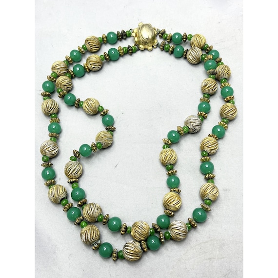 Vintage Green Glass Beaded Double Strand Necklace - image 1