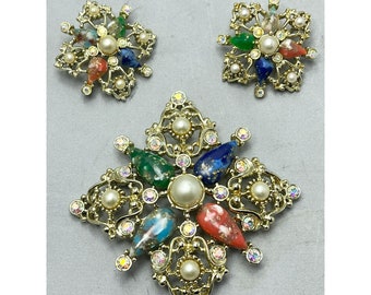 Vintage Jeweled Sarah Coventry Pin & Earrings Jewelry Set