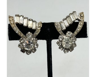 Vintage floral rhinestone silver clip on earrings