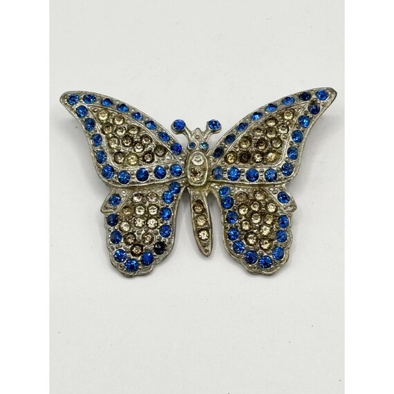 Broche Vintage Papillon – Strass Bleus Sur Métal Argenté, Bijou Ancien De Collection