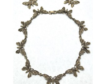 Vintage Gold Butterfly Collar Necklace and Earrings Set