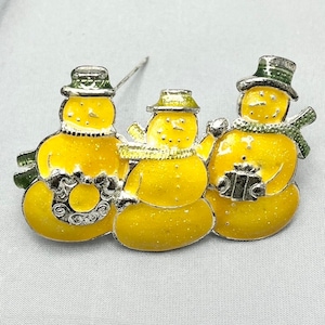 Vintage Christmas Snowman Trio Yellow Glitter Enamel Brooch Pin