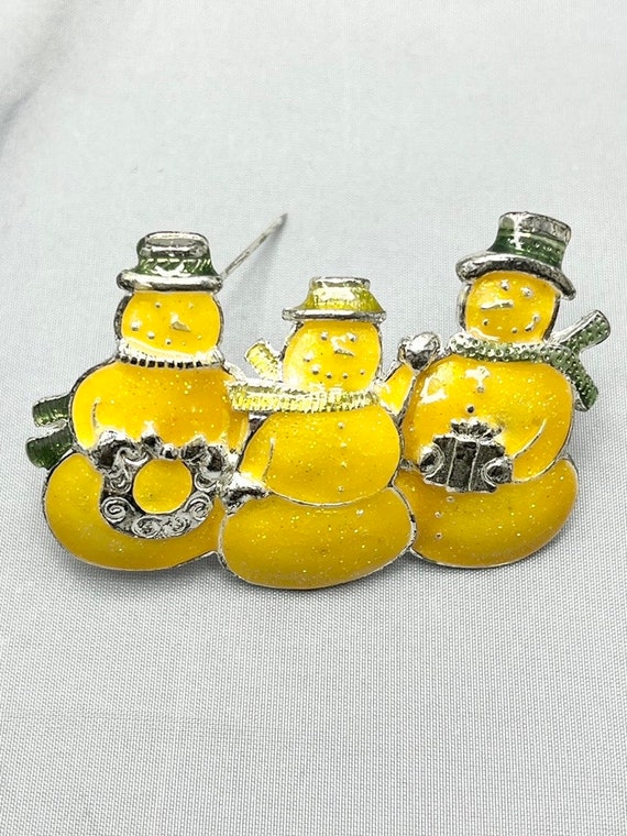 Vintage Christmas Snowman Trio Yellow Glitter Enam