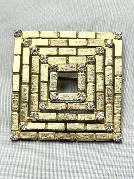 Vintage Square Rhinestone Gold Tone Brooch Pin