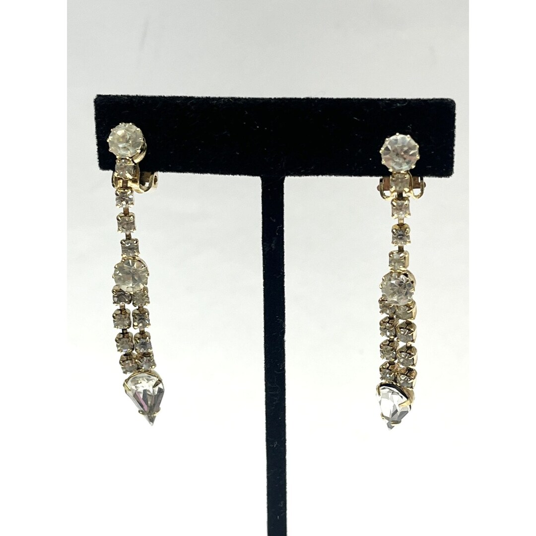 Clip-On Rhinestone Crystal Drop Earrings – Antique Gold Tone, Vintage Style, 4cm Dangle