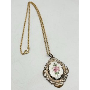 Vintage Guilloche enamel flower pendant necklace