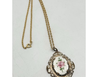 Vintage Guilloche enamel flower pendant necklace
