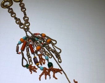 Vintage gold chain Coral Beaded Chain Tassel Necklace