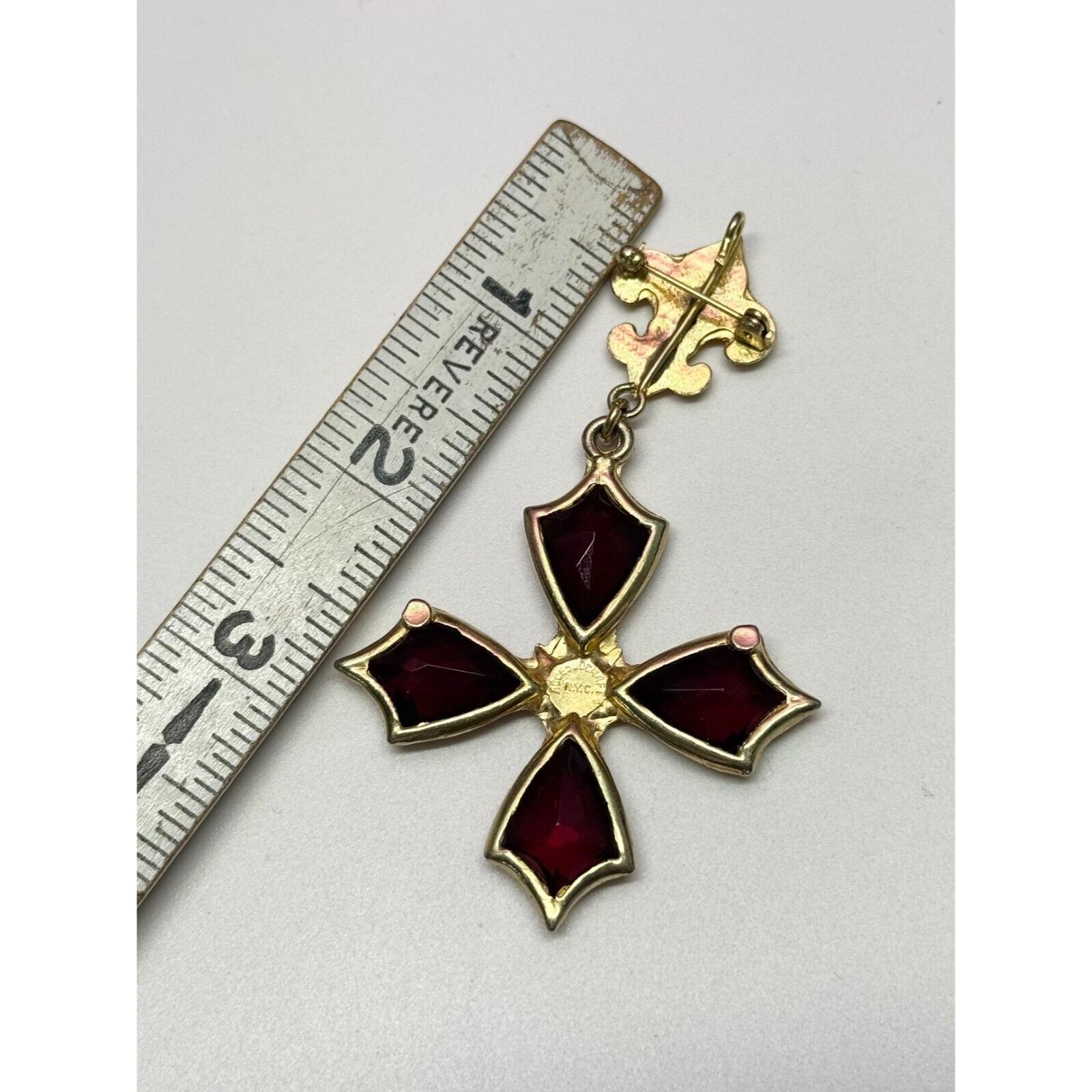 Vintage Accessocraft NYC Red Glass Maltese Cross Brooch Pin