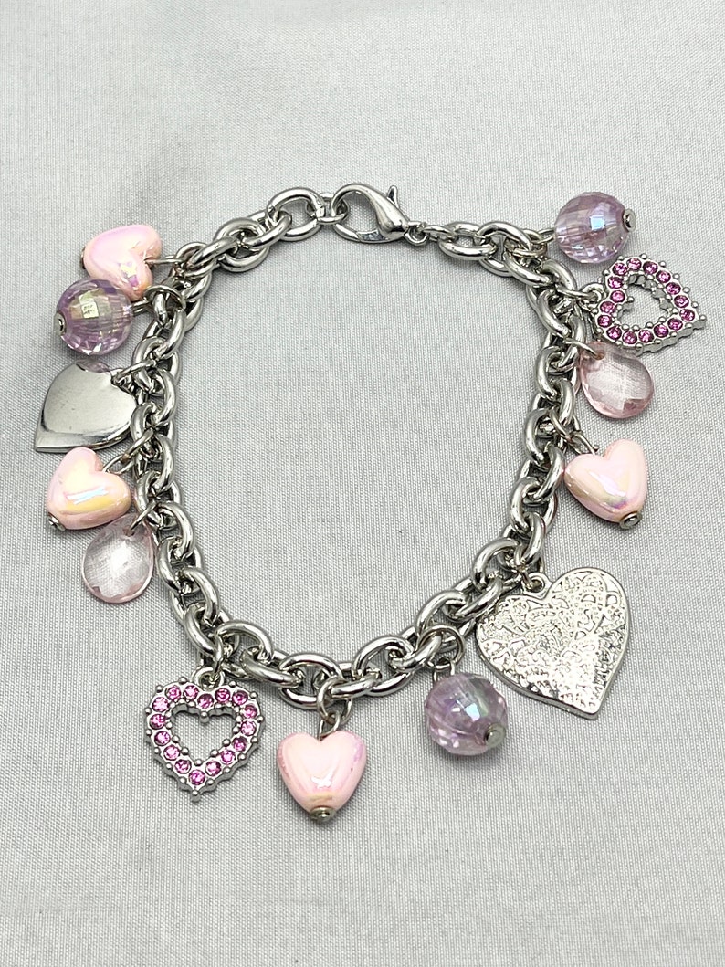 vintage Pink Strass Heart Charm Bracelet image 2