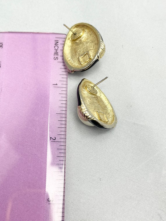 Vintage Black Enamel Pearl Gold Earrings - image 4