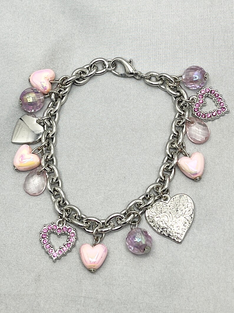 vintage Pink Strass Heart Charm Bracelet image 1