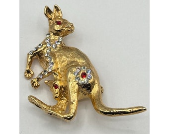 Broche kangourou en strass vintage