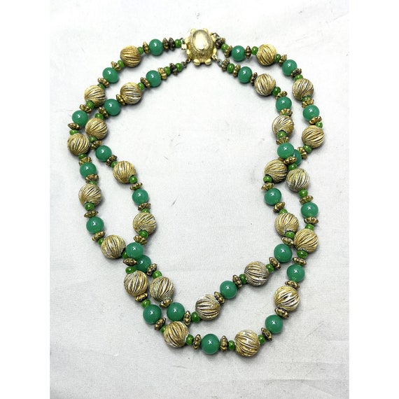 Vintage Green Glass Beaded Double Strand Necklace - image 4